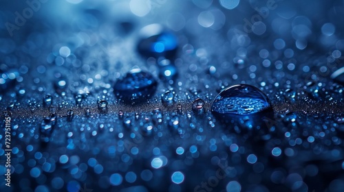 Water drops on a dark blue background. Macro photo with shallow depth of field