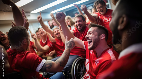 Group of athletes in red sports jerseys, all in wheelchairs, celebrating enthusiastically with raised fists and joyful expressions, likely after a victory in a sports event.