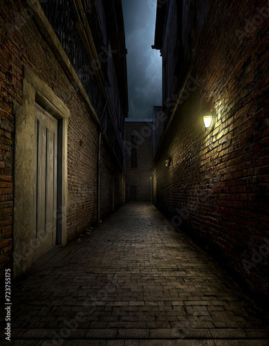 Creepy dark alleyway low lighting lined with closed doorways. 