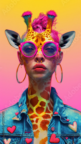 A fantastical anthropomorphic giraffe female human hybrid in trendy fashion glasses and a denim jacket on bright colorful background. Fantasy character concept