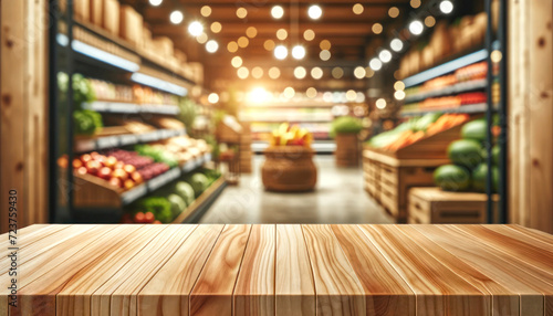 empty wooden table with blur beautiful grocery store background