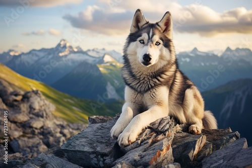 medium shot of siberian husky dog sitting on mountains