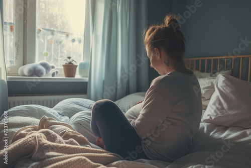 Brown haired young pregnant woman sitting on her bed in front of a window with a melancholic or sad expression