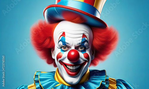 studio portrait of a clown on plain studio background, good for 1 april fool's day banner, space for text