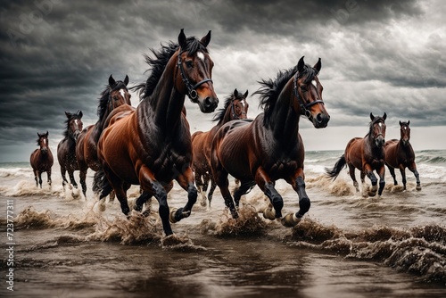 herd of red black white horses running on the beach storm