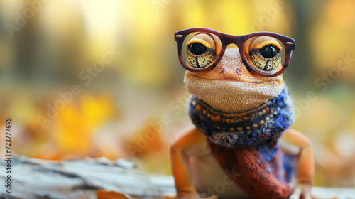 hipster yellow gecko wearing scarf and glasses