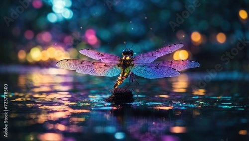 Magical glowing neon and fluorescent dragonfly on lake