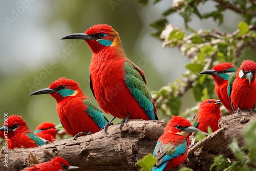 Red birds, Colorful Southern Carmine bee-eater near lake 