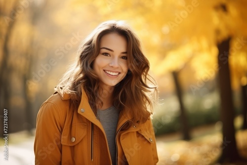 Fashion-conscious woman in a chic brown corduroy jacket enjoys the tranquility of a fall afternoon in a lush park