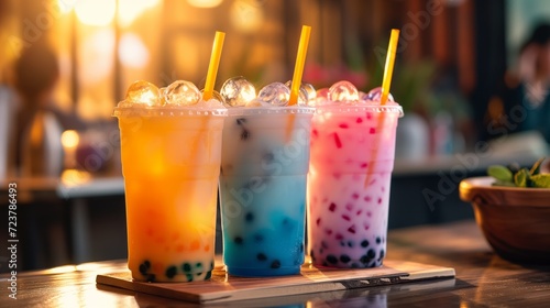 boba drinks with vibrant colors on a wooden table