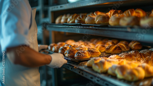 A baker pulling a tray of golden brown pastries from an industrial oven, bakery, dynamic and dramatic compositions, with copy space