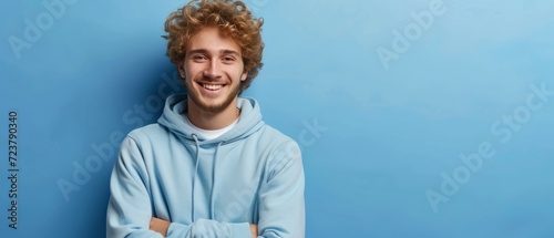 Portrait of happy man with curly hair smile toothily keeps arms down wears casual blue hoodie looks cheerful isolated over blue background being in good mood with copy space. Generative ai