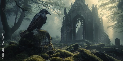 fantasy illustration of a old church with raven