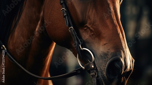 Close up view of a brown horse wearing a bridle. This image can be used to depict horse riding, equestrian sports, or farm animals