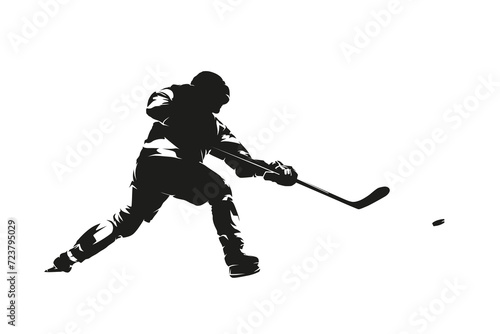 Ice hockey player shooting puck, isolated vector silhouette