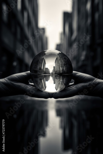 Hands holding transparent globe with reflection in narrow street