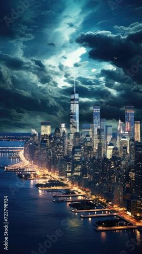 New York City Manhattan midtown skyline panorama over Hudson River at night