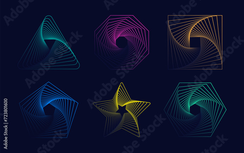 Set of abstract twisted gradient spirals. Twisted wireframe tunnel with lines in the form of a triangle, square, pentagon, hexagon, octagon and star. Vector illustration