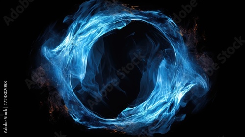 Blue smoke forming a perfect circle on a black background. Ideal for abstract designs or concepts related to mystery and creativity