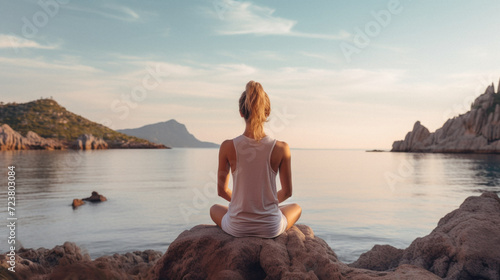 Young woman practicing yoga on the rocks by the sea at sunset .