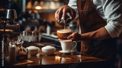 Barista making a cappuccino in a coffee shop .