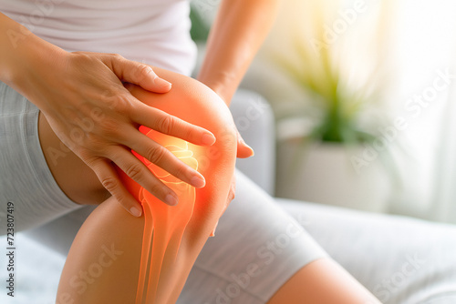 woman with knee pain at home hold her sports injured knee. female suffer from meniscal tear joint pain