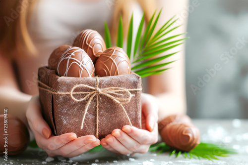Easter composition with gentle female hands hold gift box of artisanal chocolate Easter eggs, a symbol of tradition and thoughtful gifting on grey neutral background. Close up, copy space