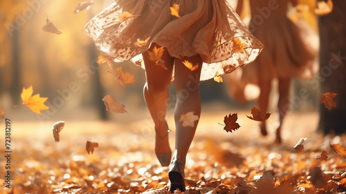 cheerful bachelorette party in an autumn park in leaf fall, girl in a light skirt against the background of autumn falling leaves and friends vacation in autumn