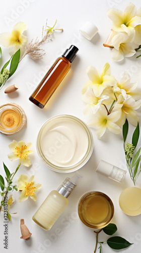 Flat lay composition with cosmetic products and flowers on white background, space for text