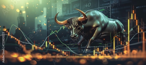 Green suited bull with rising candlestick charts, trading volatility, and recession concept