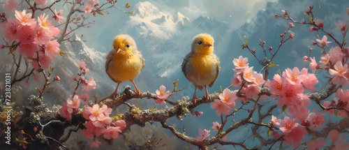 Two Yellow Birds Perched on a Branch With Pink Flowers