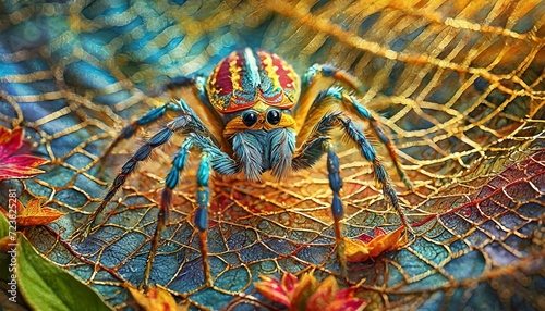 Abstrakcyjne tło z kolorowym pająkiem na pajęczej sieci