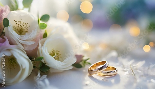 Ślubne tło z białymi kwiatami i obrączkami