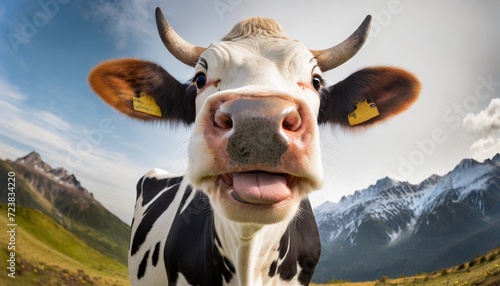 surprised cow with goofy face mooing and looking at camera on white background close up portrait of funny animal