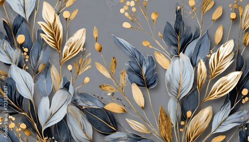 beautiful minimalistic plant nature wallpaper background of blue grey and gold dainty flowers and leaves 