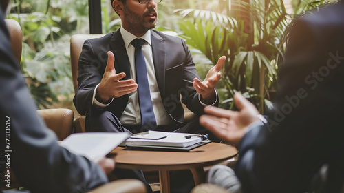 A lawyer facilitating a mediation session between disputing parties, showcasing alternative dispute resolution skills in a neutral environment.