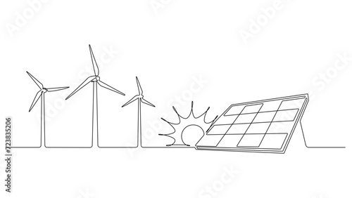 Wind farm turbine, solar panel with sun continuous one line icon drawing. Renewable source energy concept vector illustration in linear style. Contour line sign for innovation, environment design