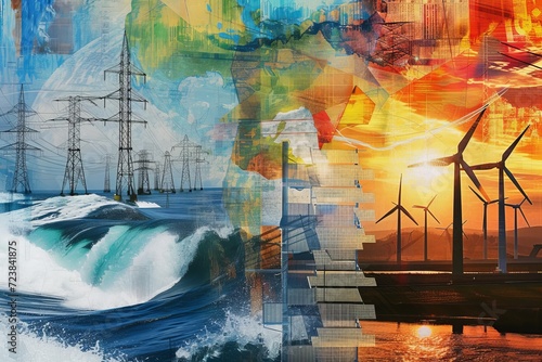 A collage made from photos and drawings representing various aspects of renewable energy, like solar, wind, and hydro power