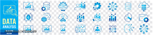 Data analysis, Analytics, Statistics, Big data, Database editable stroke line icons set collection illustration vector