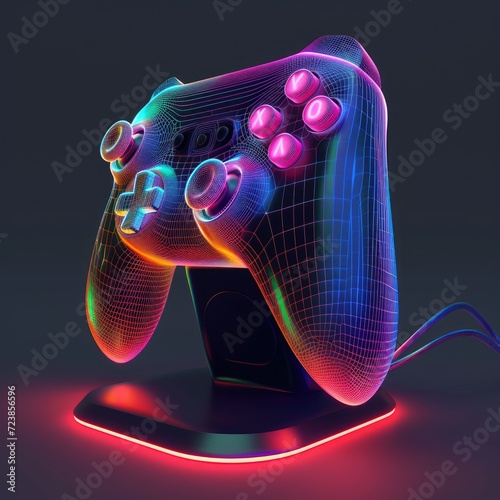 Neon coloured video game controller isolated on gray background