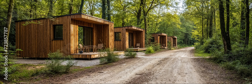 dans un camping moderne, des bungalows en bois le long d'un chemin de Terre dans la forêt