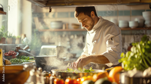 The restaurant's chef is cooking with concentration, wearing a snow-white uniform. Close-up, dynamic shot.