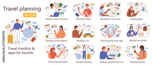 Travel planning scenes collection, hand drawn set of traveling compositions with cartoon characters, traveler checklist, vector illustrations of booking flight, hotel, mobile apps and services