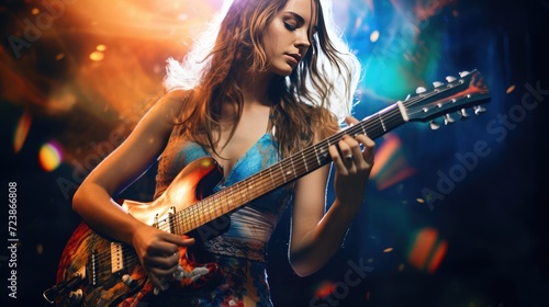 Woman playing on electric guitar on concert stage