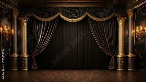 Theater stage with black gold velvet curtains 