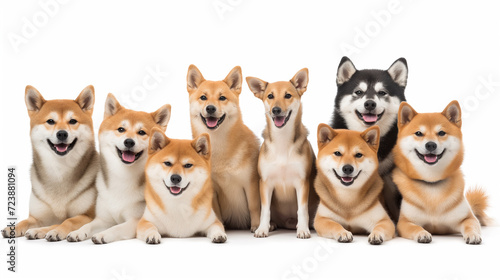 Shiba inu dogs in a row. Isolated on white background