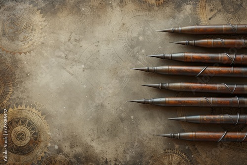 A collection of steampunk inspired writing implements displayed on an old map background.
