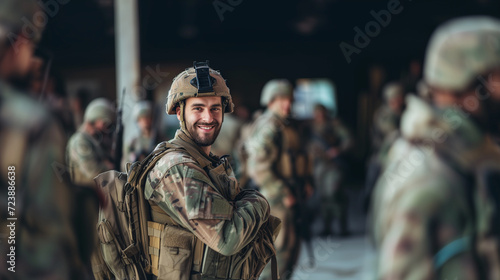 Joyful Armed Soldier with Comrades.