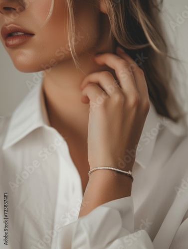 Close-up of a woman's elegant bracelet as she touches her neck