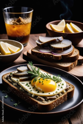 An open-faced sandwich made with dark bread, butter, and slices of smoked Baltic herring by ai generated